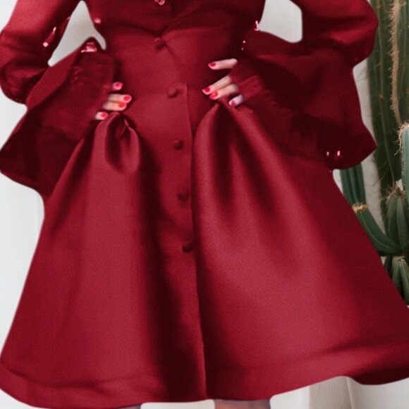Elegant Red Satin Puff Sleeve Button-Front Fit & Flare Dress | Church, Gala - Picture 5 of 5